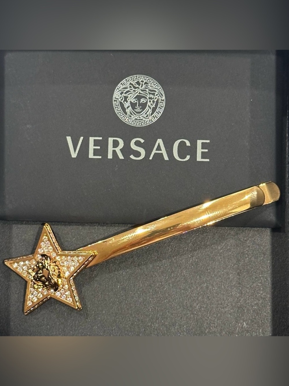 Authentic. Versace Medusa Gold Star Hair Clip with crystals. NEW with tags.